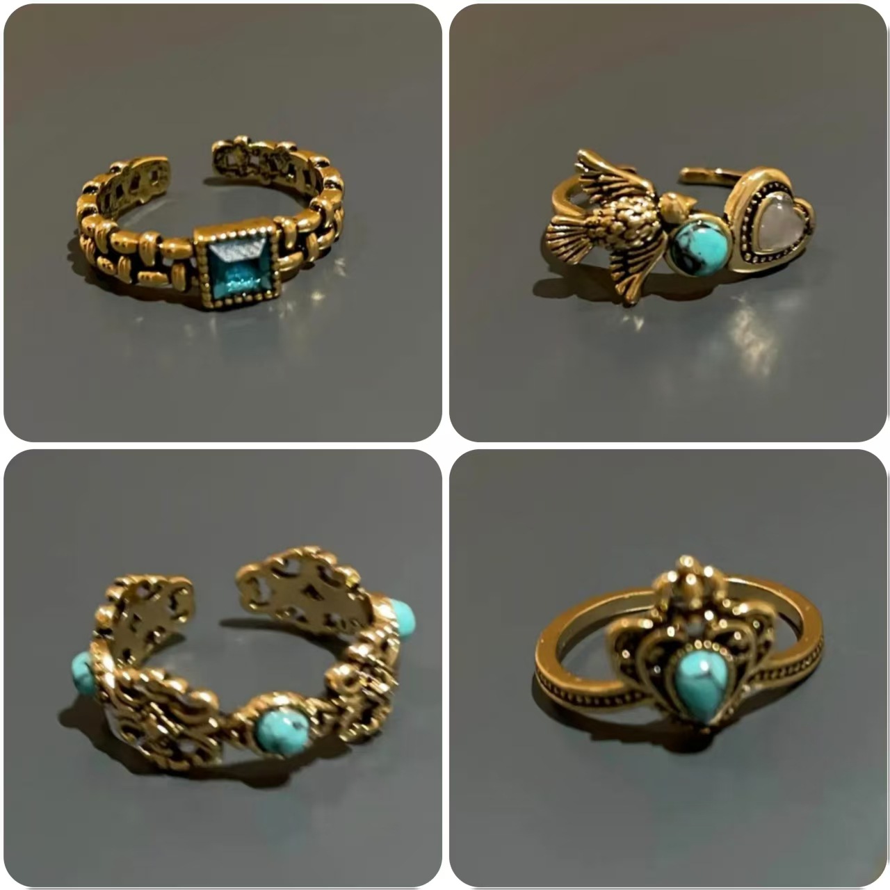 Vintage Bird Heart Ring with a Retro Distressed Feel, Turquoise Inlay, Ethnic Style Niche Accessory