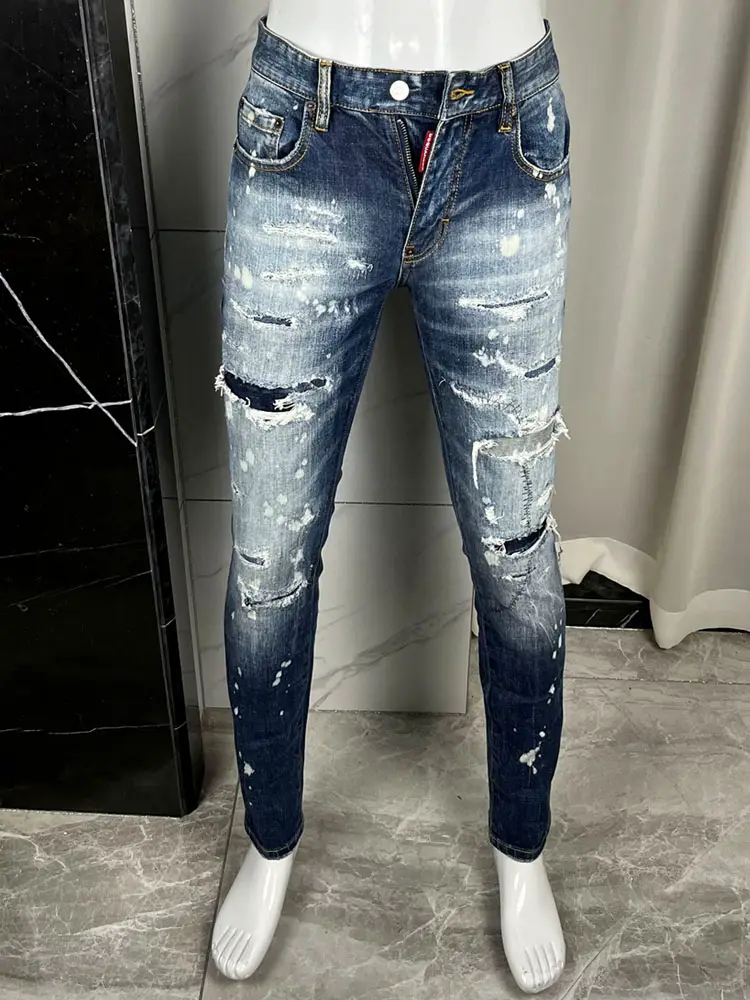 New Four Seasons D2 Men's Jeans Dsq2 Long Pants European Style Heavy Craftsmanship Trendy Light Luxury Distressed Patch Spray Paint Fashion