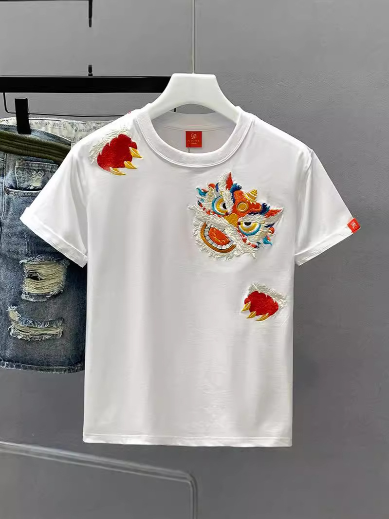 2024 Summer New National Trendy T-shirt Men's Trendy Brand Ethnic Style Lion Dance Embroidered T-shirt Loose Casual Base Shirt
