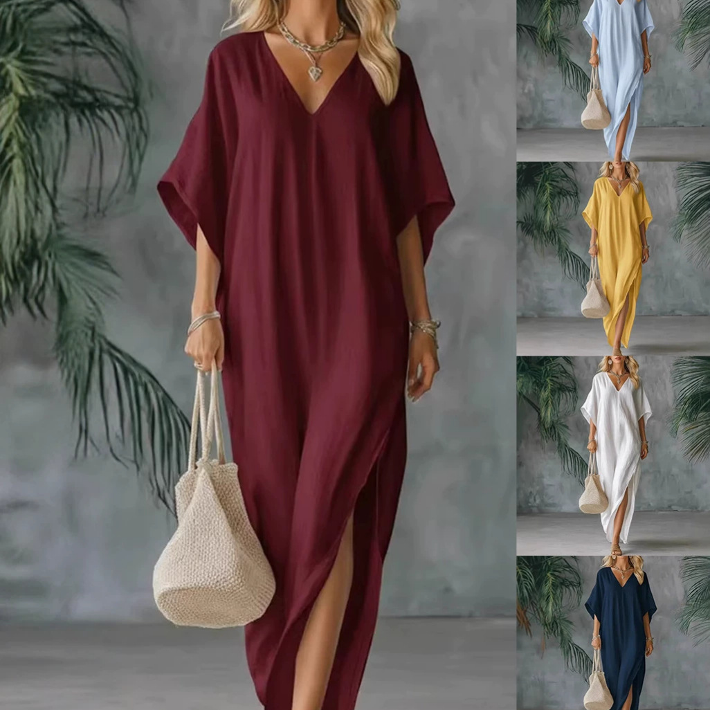2026 Linen Thin Dress Amazon Cross-Border Independent Site European and American Women's Fashion New Summer V-Neck Loose Fit