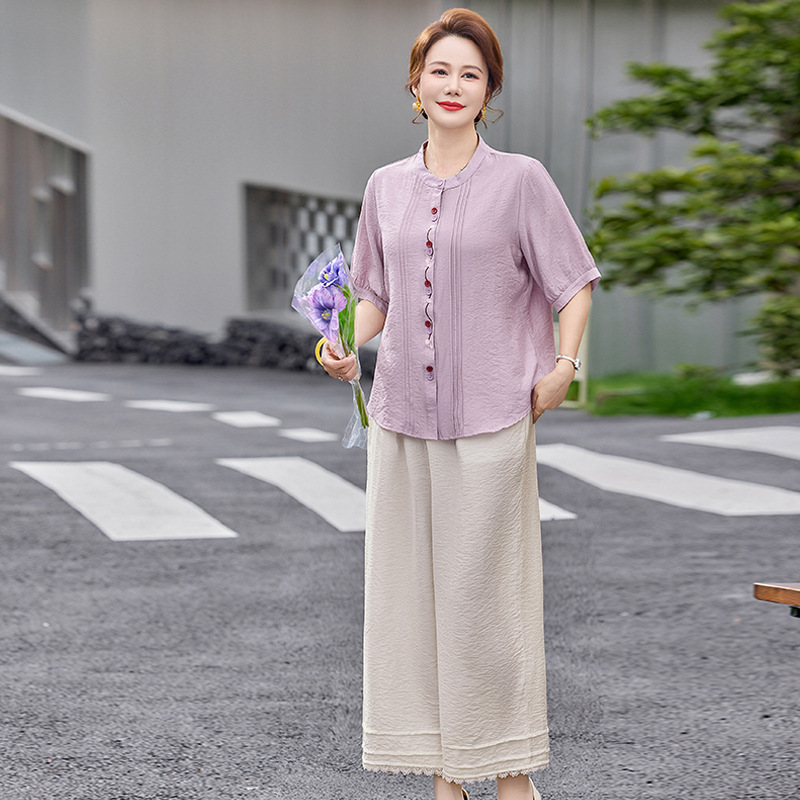 Young Mom's Summer Cotton and Linen Top Two-Piece Set, Middle-Aged and Elderly Artistic Style Shirt and Casual Pants 2026 New Style Set
