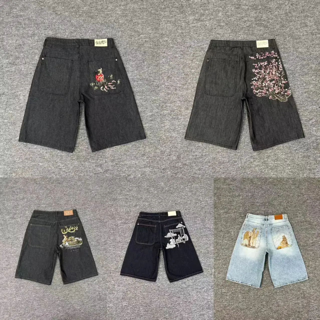 刺绣洗水牛仔短裤男女宽松休闲五分裤