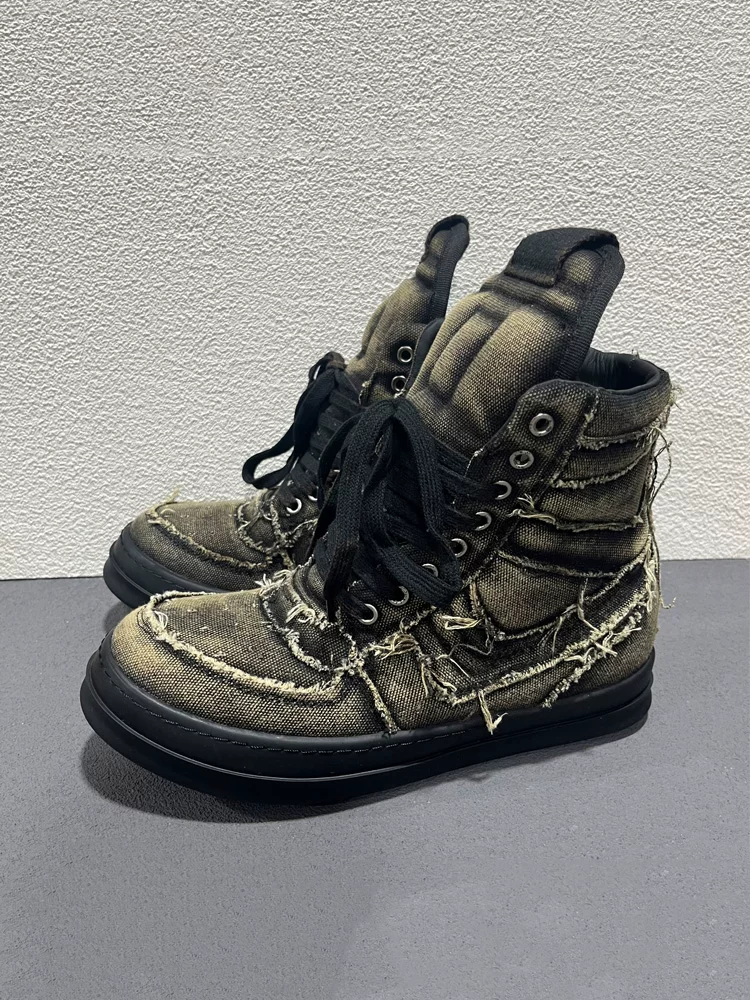 New Thick-Soled Canvas Distressed High-Top Inverted Triangle Couple Casual Genuine Leather Height-Increasing Casual Shoes for Men and Women Foto QC de TAOBAO na Qualit.ly