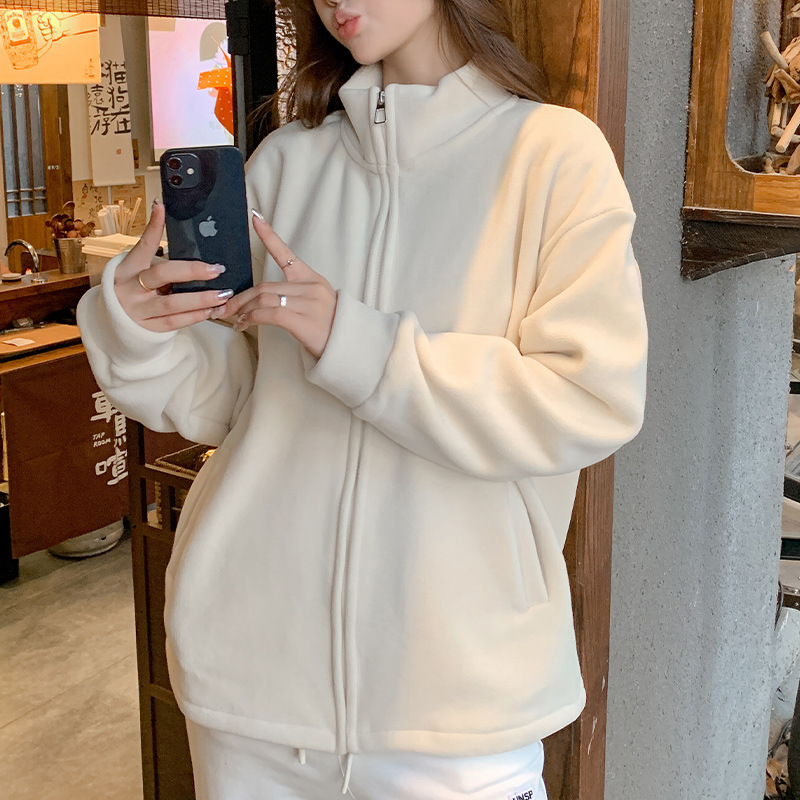 Korean-Style Women's Jacket for Spring 2026, Petite Size, Fleece Cardigan with Zipper, High-End Casual Sweatshirt, Long-Sleeve Top