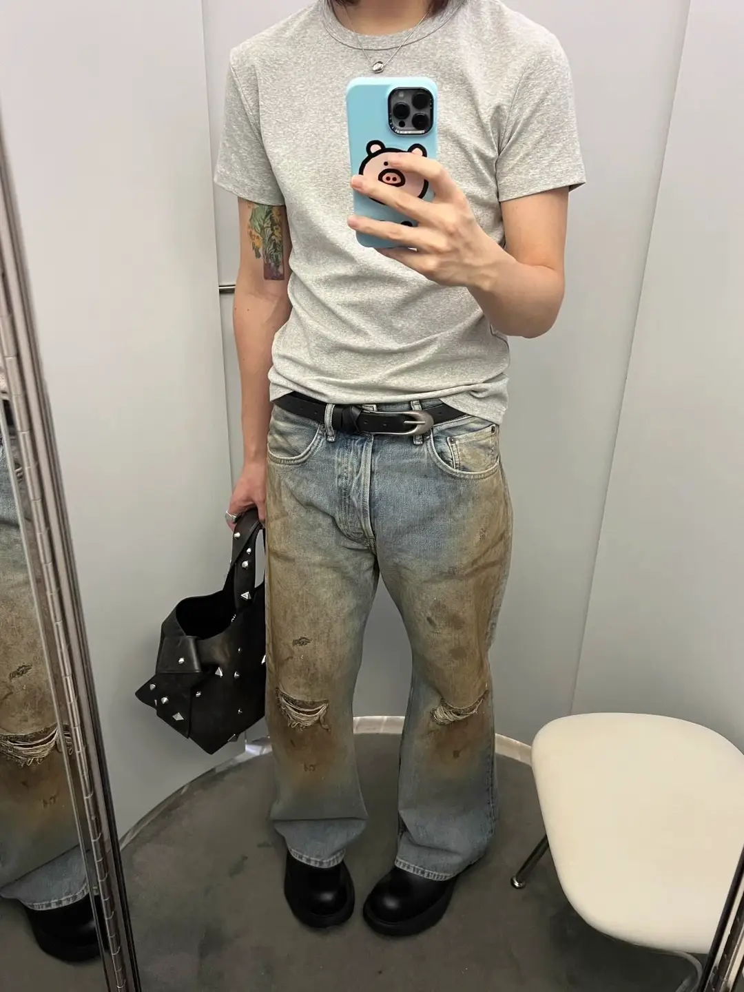 Correct AC style 2021m mud dyed distressed pants with water holes and dirt, straight leg loose casual jeans, white Jingting