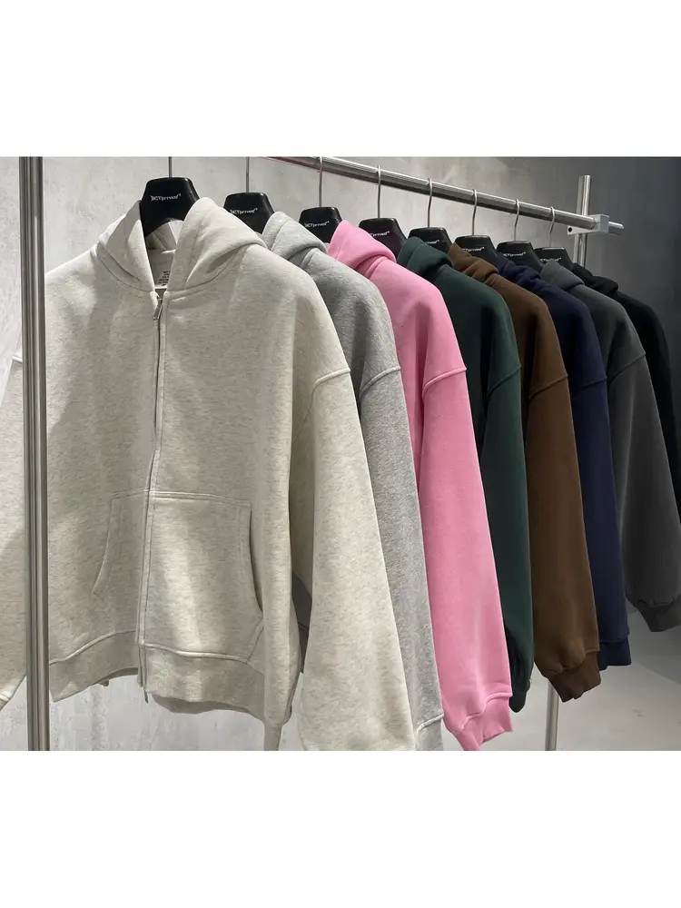 Boxy American High Street Style Double Zipper Cardigan Short Wide Fleece-Lined Solid Color Hooded Sweatshirt Cleanfit Jacket Loose Trendy
