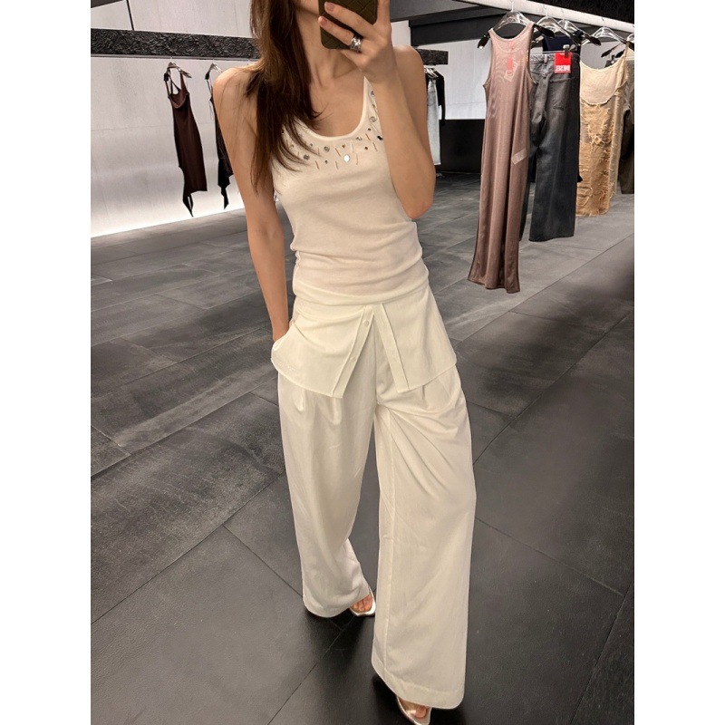 Longmei Fake Two-Piece Pleated Wide-Leg Pants for Women 2026 Spring/Summer New Nordic Vkc Style Commuting Casual Straight-Leg Trousers
