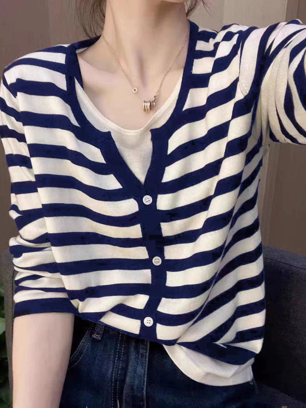 Fine Wool Faux Two-Piece Striped Women's Spring and Autumn Versatile Stylish Base Shirt Simple Design Knitwear Wholesale