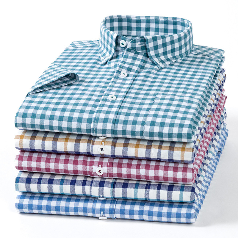 Summer New Cotton Short-sleeved Shirt Youth Men's Cotton Oxford Plaid Shirt Daily Casual Top