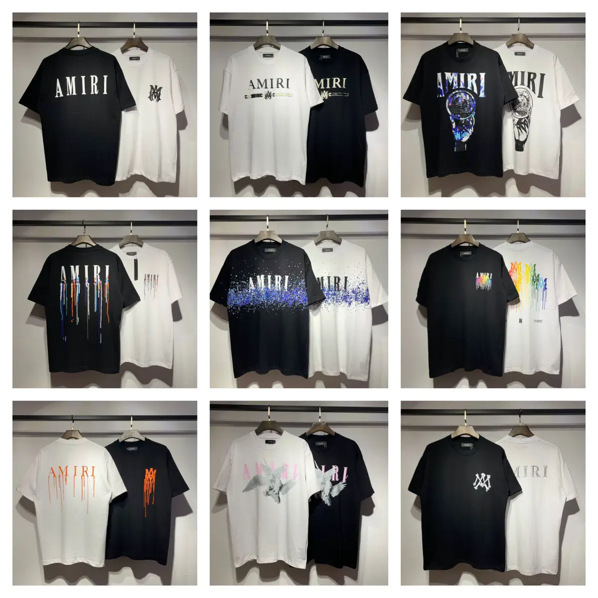 Factory Direct Sales Amiri Round Neck Men's and Women's Same Style Classic Letters Simple High Quality 260g Pure Cotton Short-Sleeved Men's T-Shirt