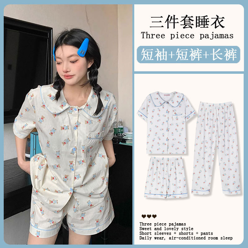 Cartoon Ins Pajamas for Women Summer Cotton Short-Sleeved Short Pants Plus Size Student Home Clothes Three-Piece Suit Can Be Worn Outside