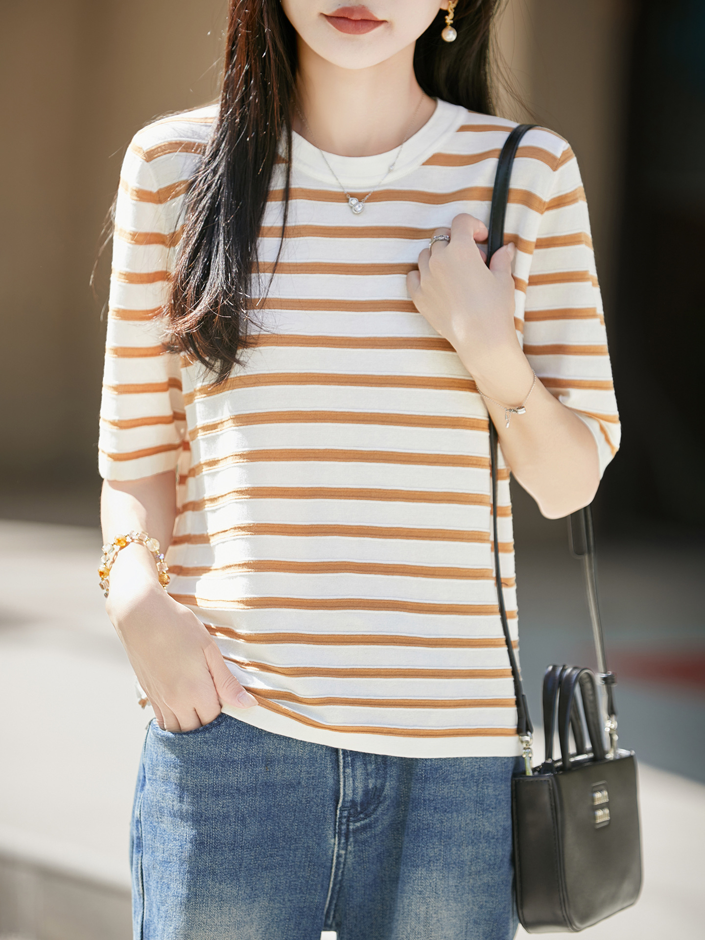 Summer Tencel Cotton Striped Short-Sleeve Women's Dance Top with Embroidery, Round Neck, Gentle Style, Slim Fit, Versatile Blouse