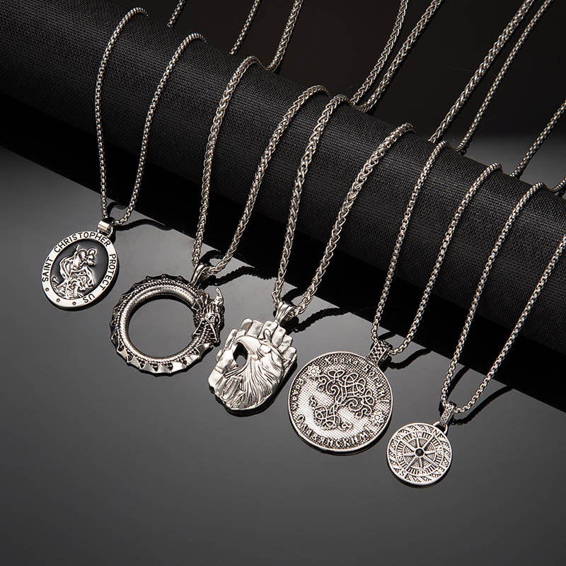 Cross-border Hot Sale Men's Hip-hop Pendant Necklace European and American Round Brand Old People's Crutch Titanium Steel Chain Compasses Pointer Jewelry
