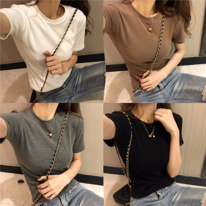 2025 Spring New Style Fashionable Bottoming Shirt Fashionable Korean Chic Retro Round Neck Basic Short-Sleeved T-Shirt for Women