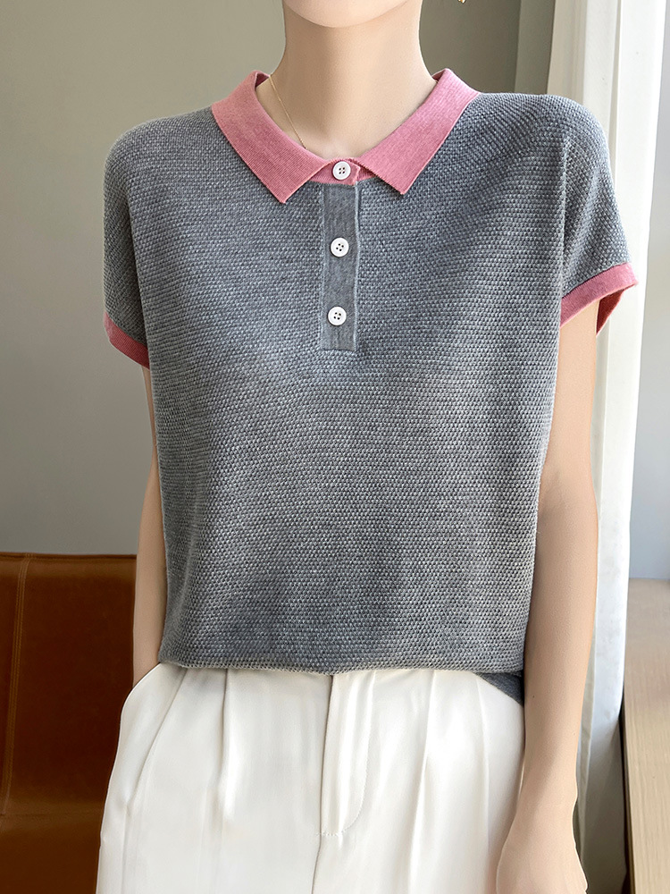 Age-reducing small lapel Tencel knitted short sleeve women's summer new fashion contrast POLO collar Lyocell T-shirt top
