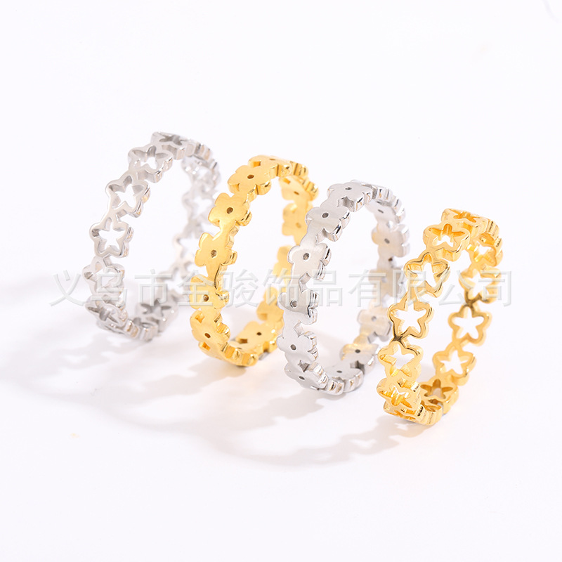 Japanese and Korean Style Hollow-out Small Fresh Titanium Steel Ring Simple Five-piece Flower Small Flower Stainless Steel Five-pointed Star Tail Ring Women's Finger Ring