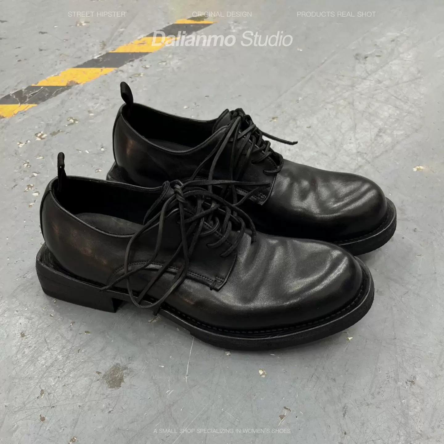 Mandarin duck heels, big toe leather shoes, men's retro pleated lace up single shoes, thick heels, casual leather shoes, dark washed suit shoes