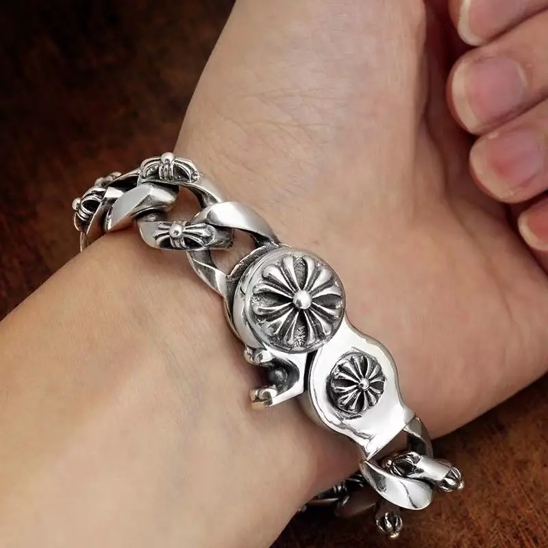 925 Silver Fashion Retro Vintage Bold hip hop Punk Cross Thick Bracelet for Men Stylish Niche Classy Bracelet