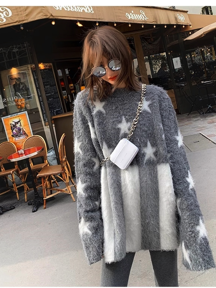 Earth Store Autumn/Winter New Striped Pattern Gray Star Mid-Length Mohair Warm Long-Sleeve Sweater 2025 QC-foto van TAOBAO op Qualit.ly