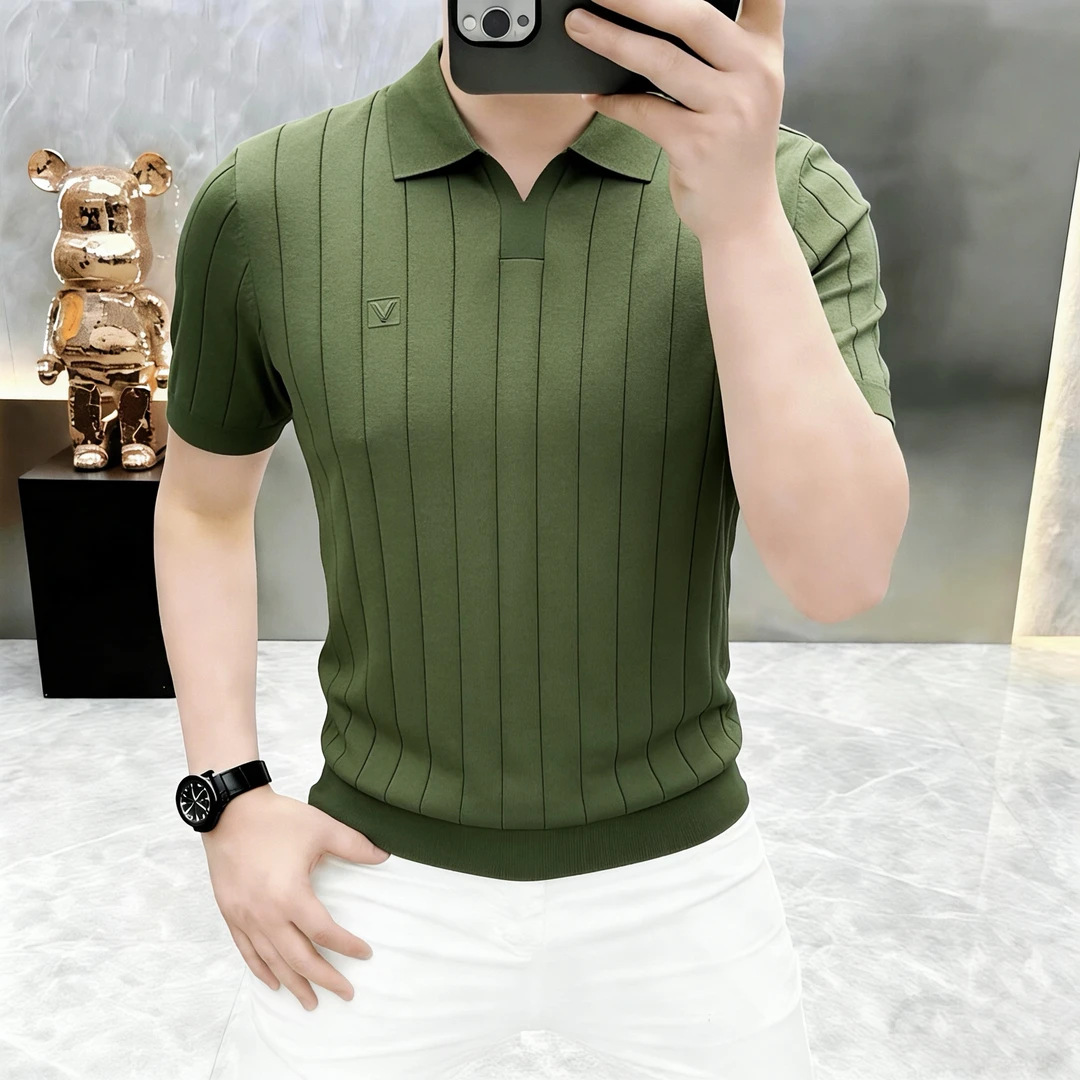 Old Money Style! Avocado Green~ Summer New Fashion V-Neck Striped Slim-Fit Knit Shirt Men's Short-Sleeve T-Shirt