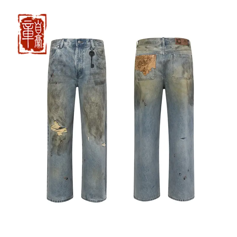 Borc 24Ss Mud Dye Brush Wax Baggy Denim American retro Washed and Distressed Loose Straight-leg Wide Legs