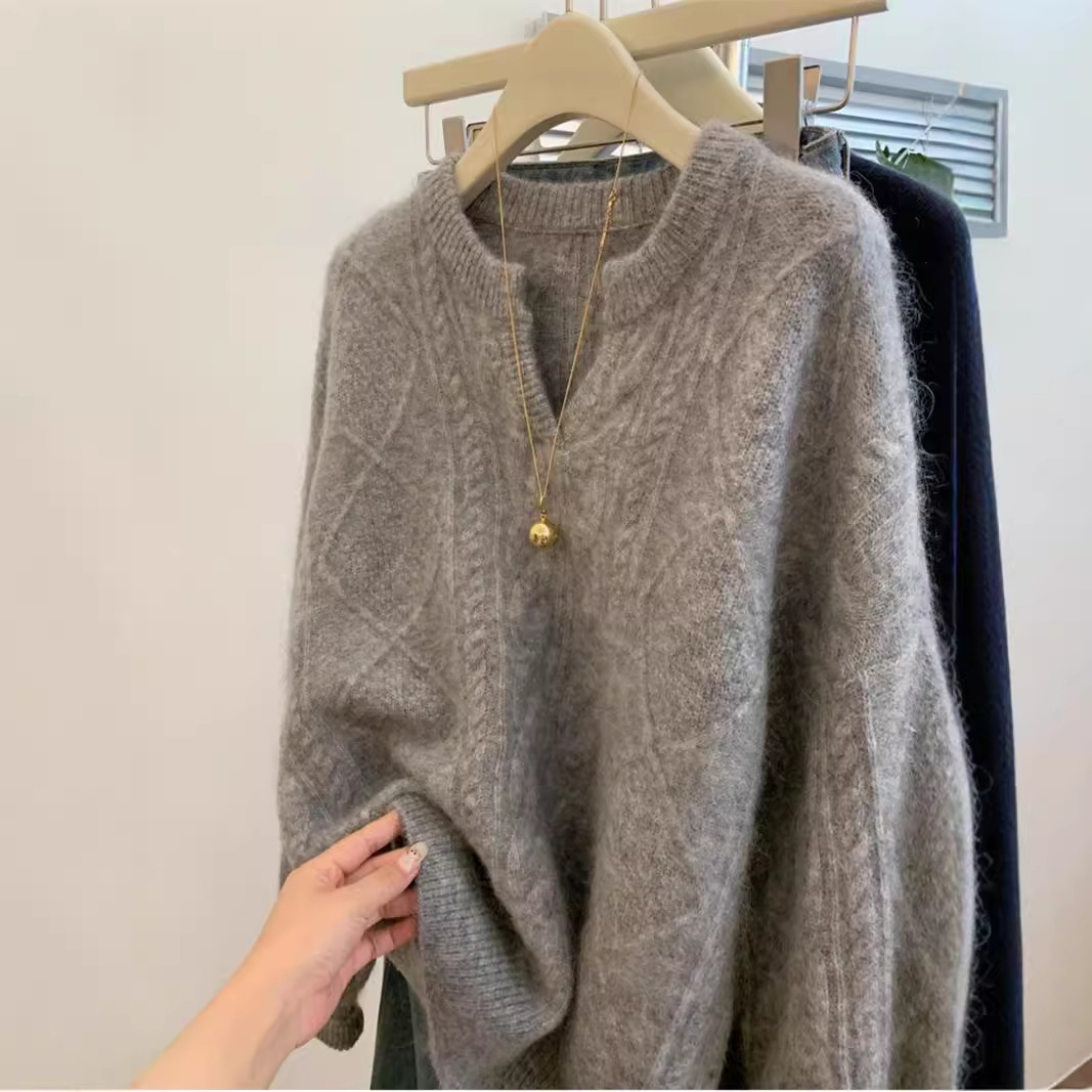 Solid Color V-neck Twist Knitted Pullover Sweater Women's Winter Autumn and Winter Thickened Lazy Style Soft Waxy Artistic Knitted Sweater