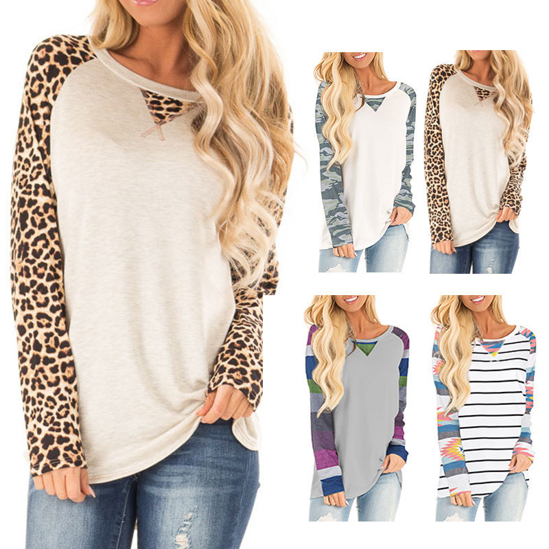 Cross-Border Amazon Printed Raglan Sleeve T-Shirt Stripesd Sleeve Top Leopard Print Camouflage Long Sleeve 2024 Autumn and Winter New Style