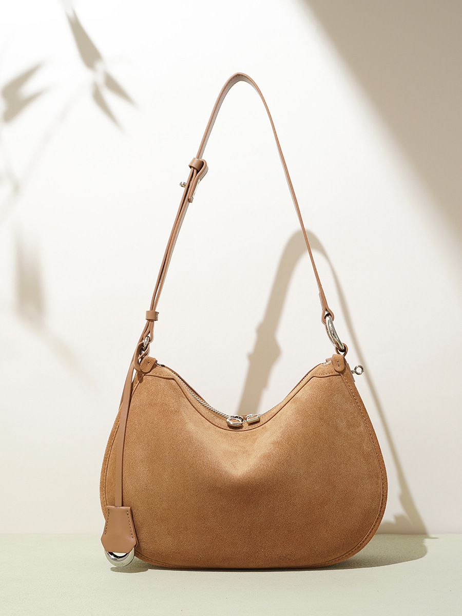 Suede Crescent Bag Women's Crossbody Bag Retro High-End Light Luxury Genuine Leather Simple Large Capacity Underarm Shoulder Bag