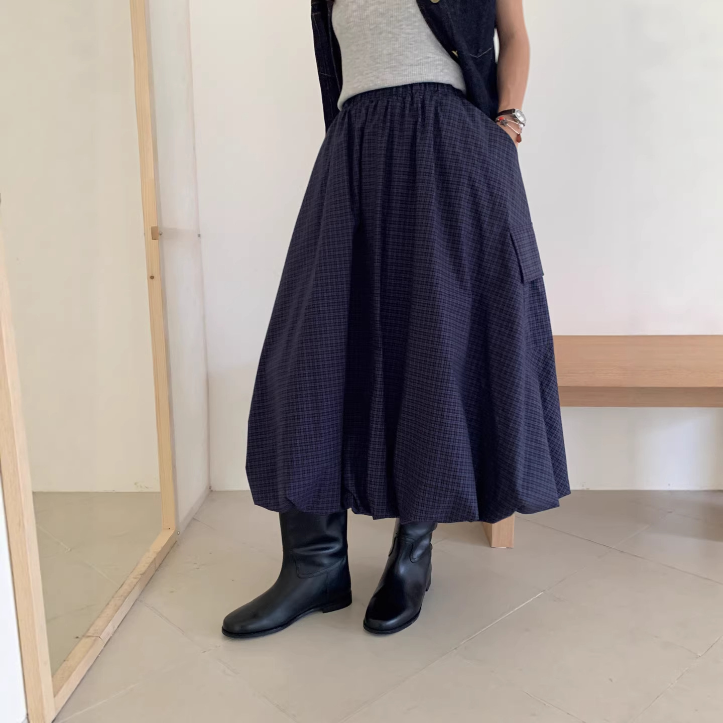 2026 Spring Collection Simple High-Waisted Casual Versatile Loose Slimming Plaid Workwear Skirt for Women