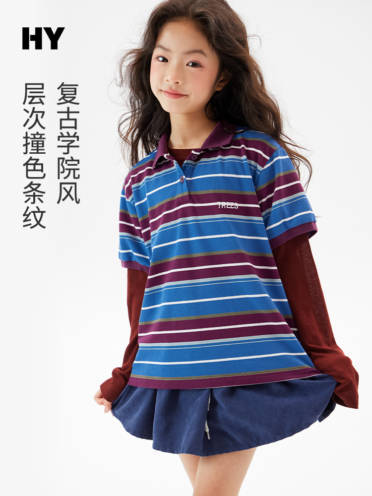 Children's Classic Striped Short-Sleeve 2026 Summer New Korean-Style Breathable Polo Shirt for Girls, Thin T-Shirt for Older Kids