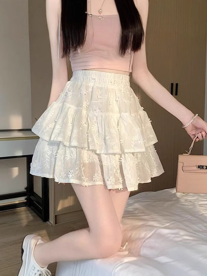 White Sweet and Fresh Skirt for Women Spring and Summer New Lace High Waist Slimming Look Preppy Ballet Style Fluffy Cake Skirt