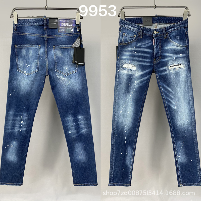 9953 Ripped Paint-Splattered High Street Fashion American-Style Men's Jeans Cross-Border European Long Pants Foto QC de 1688 na Qualit.ly