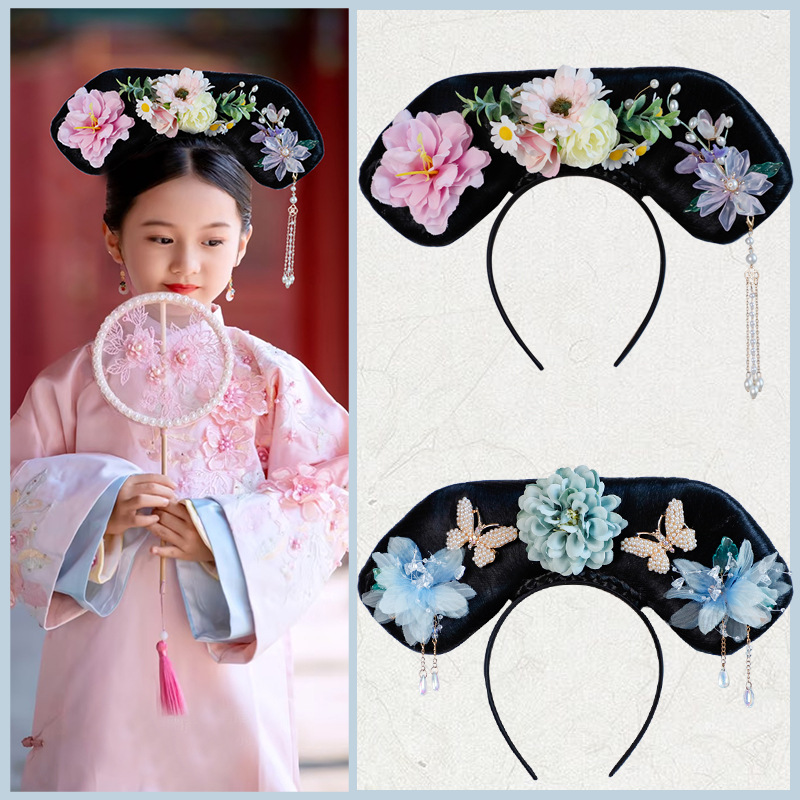 Parent-child photography small Gege headdress Qing dynasty flag head princess palace style wig film and television Photo Style Children's Palace Museum