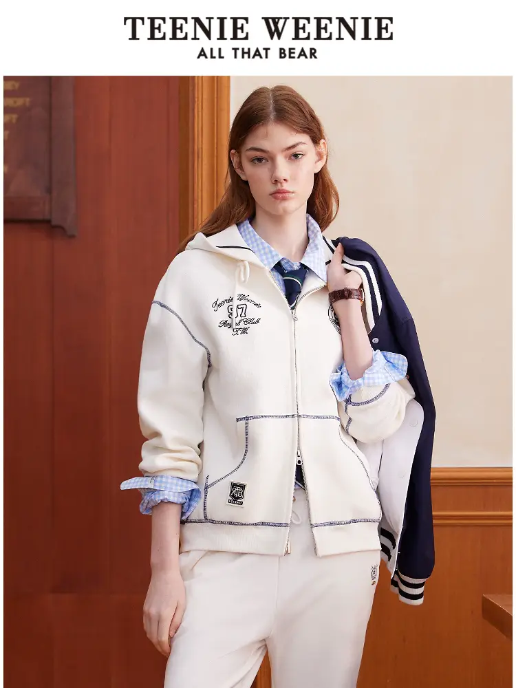 Teenieweenie Bear Women's Sweatshirt 2025 Spring New arrival Contrast Color Fashion Embroider Short Hooded Tops
