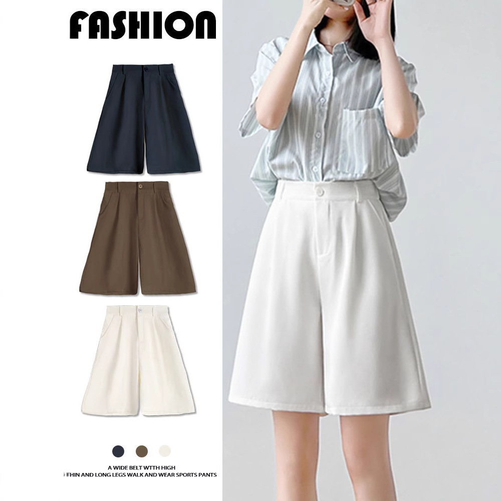 Black Suit Shorts Women's Summer Thin Loose High Waist A- shaped Slim Look Wide Leg Casual Shorty Five-point Medium Pants