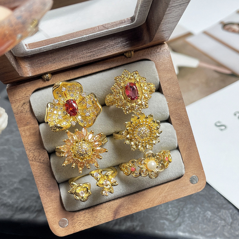 European and American Cross-border Heavy Industry Flower Opening Ring Women's Light Luxury High-end Sunflower Sweet Cool Elegant All-match Finger Ring