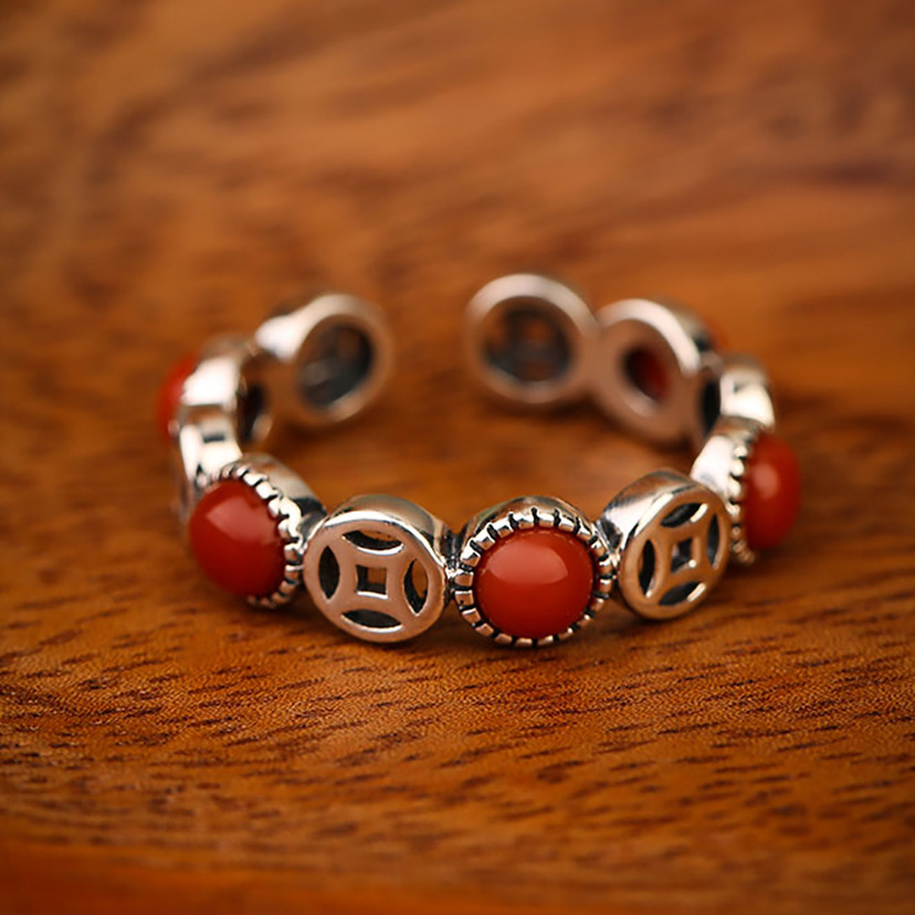 Coin Design Exquisite Design Ring Female Temperament Literary Ethnic Style Rich Flower Coin Ring Female Opening Wholesale