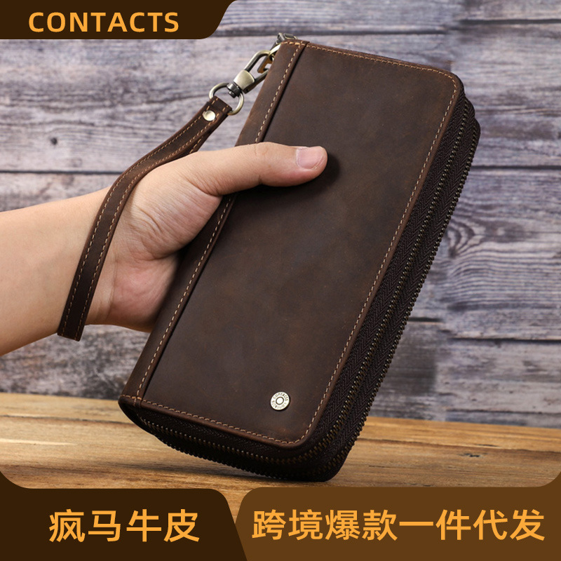 Black Angel Vintage Crazy Horse Cowhide Men's Long Wallet Double Zipper with Wrist Strap Clutch Bag Cross-border Hair