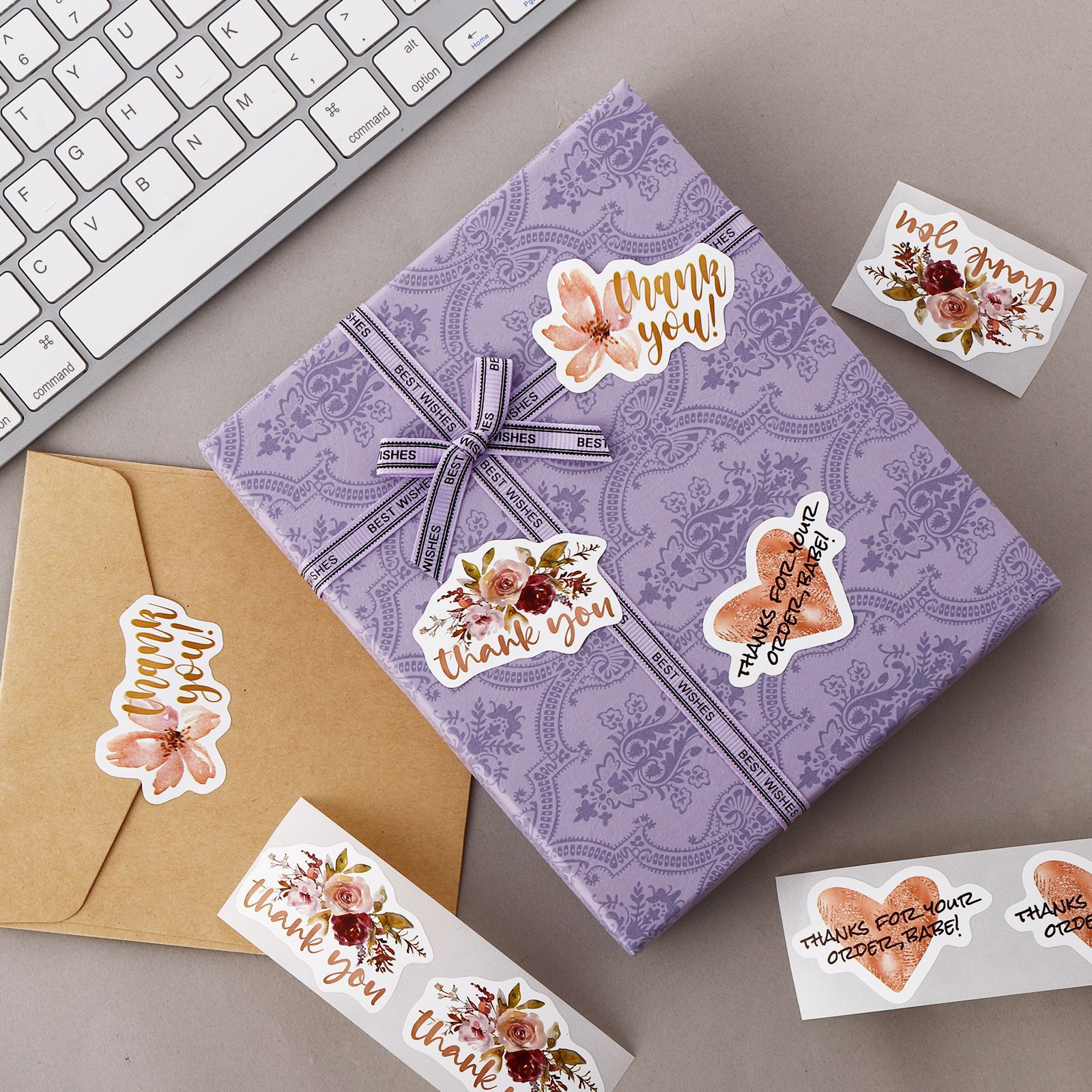 Flowers 	 Thank You Thank You Packaging Stickers Hand-Painted Style Irregular Shape Self-Adhesive