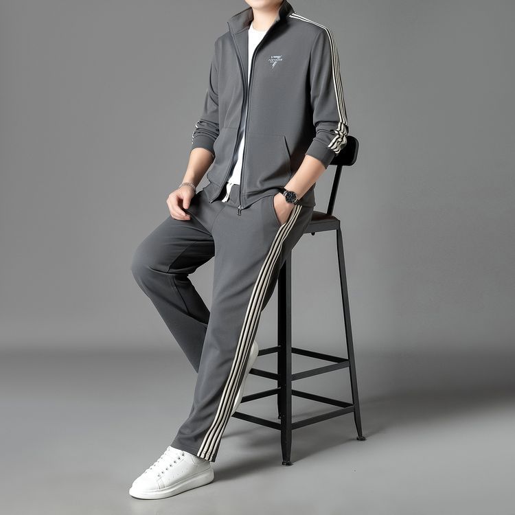 Two-Piece Set of Spring and Autumn Men's Casual Sweatshirt Suit, Stand-Up Collar Jacket, T-Shirt, Pants, Men's Trendy Sportswear Two-Piece Set