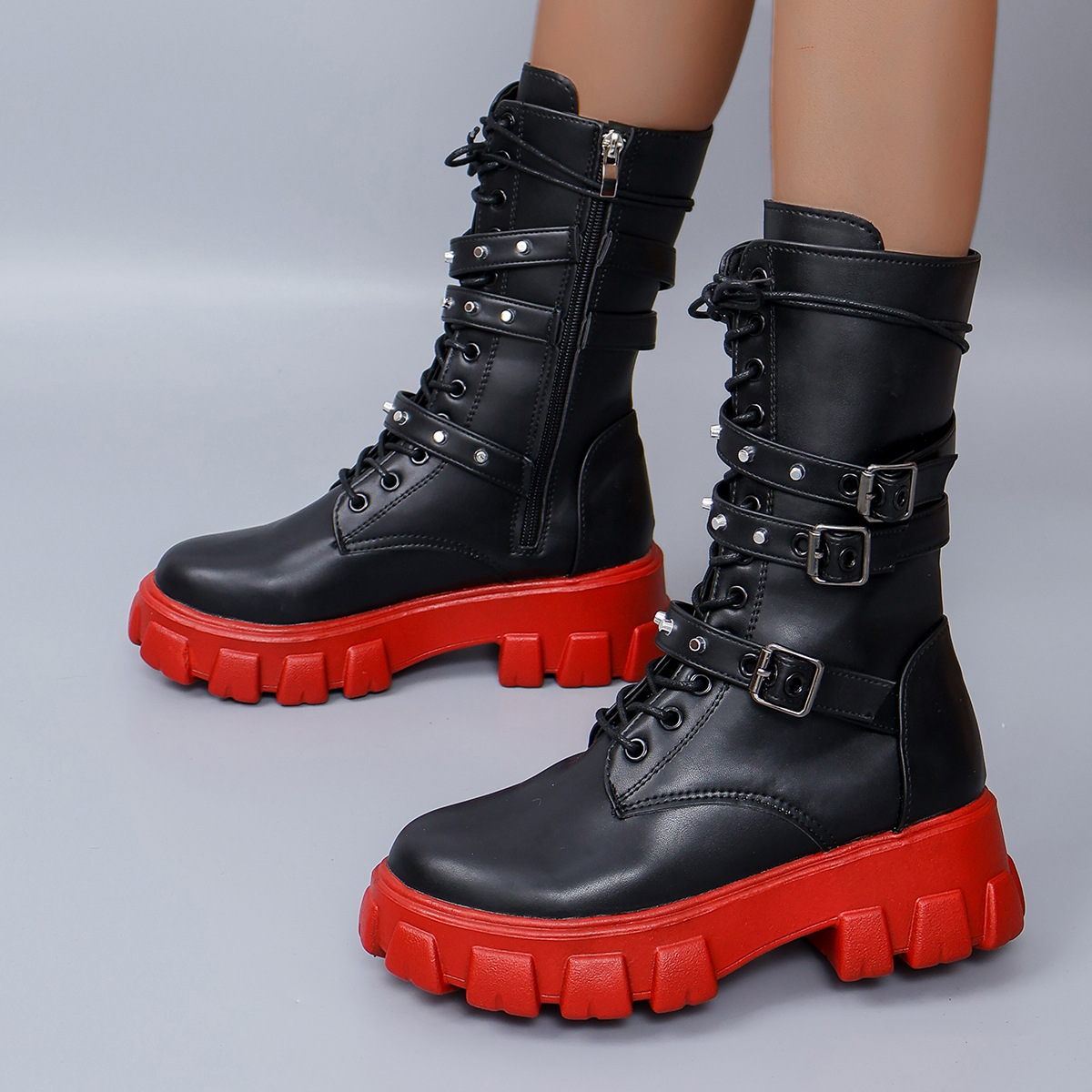 Long Boots for Women 2022 Autumn and Winter New Style European and American Belt Buckle Thick-Soled Mid-Calf Boots for Women Export Large Size Knight Boots for Women