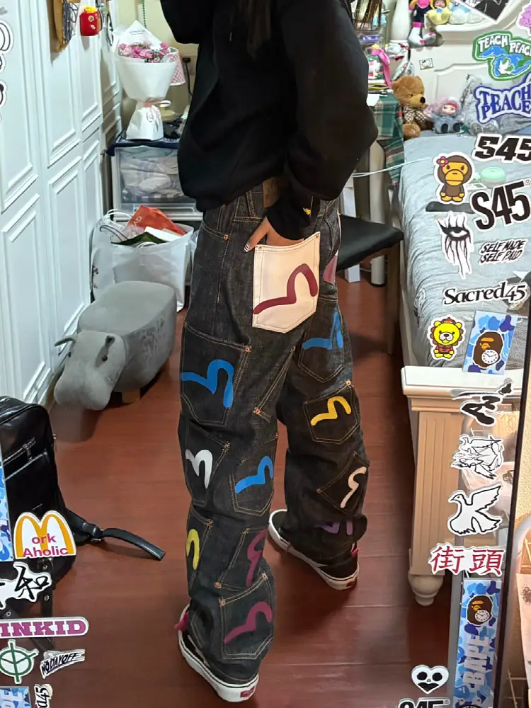 Oversized American Retro Heavy-Duty Multi-Pocket Printed Jeans for Men and Women, High Street Design, Loose Straight-Leg Trousers, Trendy