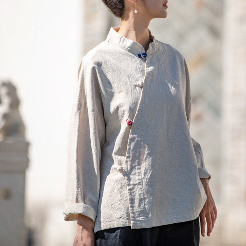 2026 Spring Cotton and Linen Women's Clothing Linen Stand Collar Color-Block Buttoned Shirt Hanfu for Women Meditation and Zen Practice