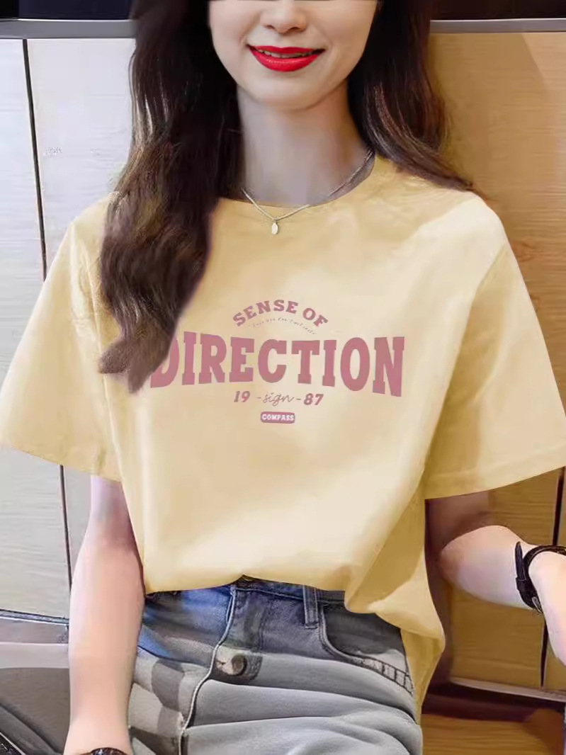 Pure Cotton Short-Sleeved T-Shirt for Women 2025 New Summer Right Shoulder American Retro Printed Casual Half-Sleeved T-Shirt Large Size Trendy