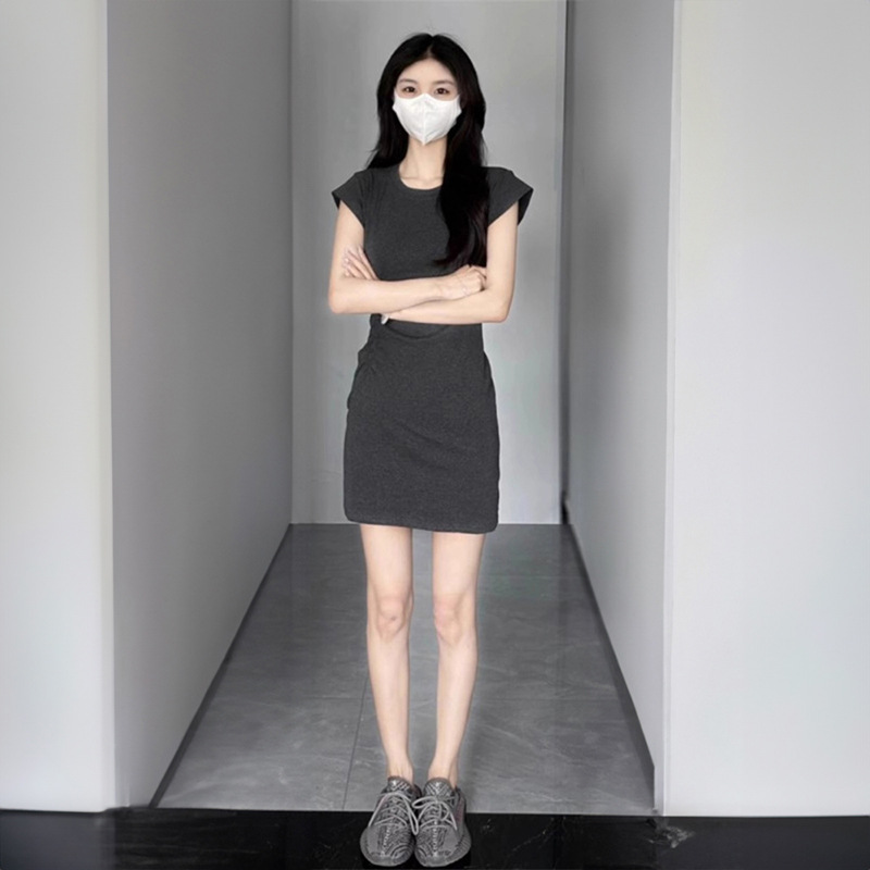 Small Flying Sleeve Dress for Women Summer 2025 New Slim Fit T-Shirt Skirt Gray Waist Pleated Hip Skirt