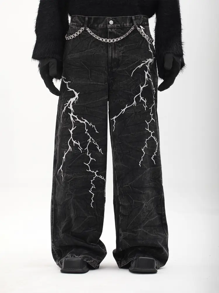 Manson'Dark Punk' Design with Lightning Embroidery, Loose Hip-Hop Straight-Leg Wide-Leg Flared Jeans