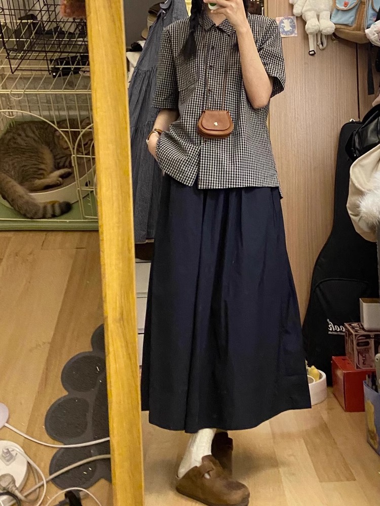 Japanese-Style Vintage Navy Blue Half-Skirt for Women, Early Spring New Model, Petite A-Line Skirt, Cotton Mid-Length Umbrella Skirt