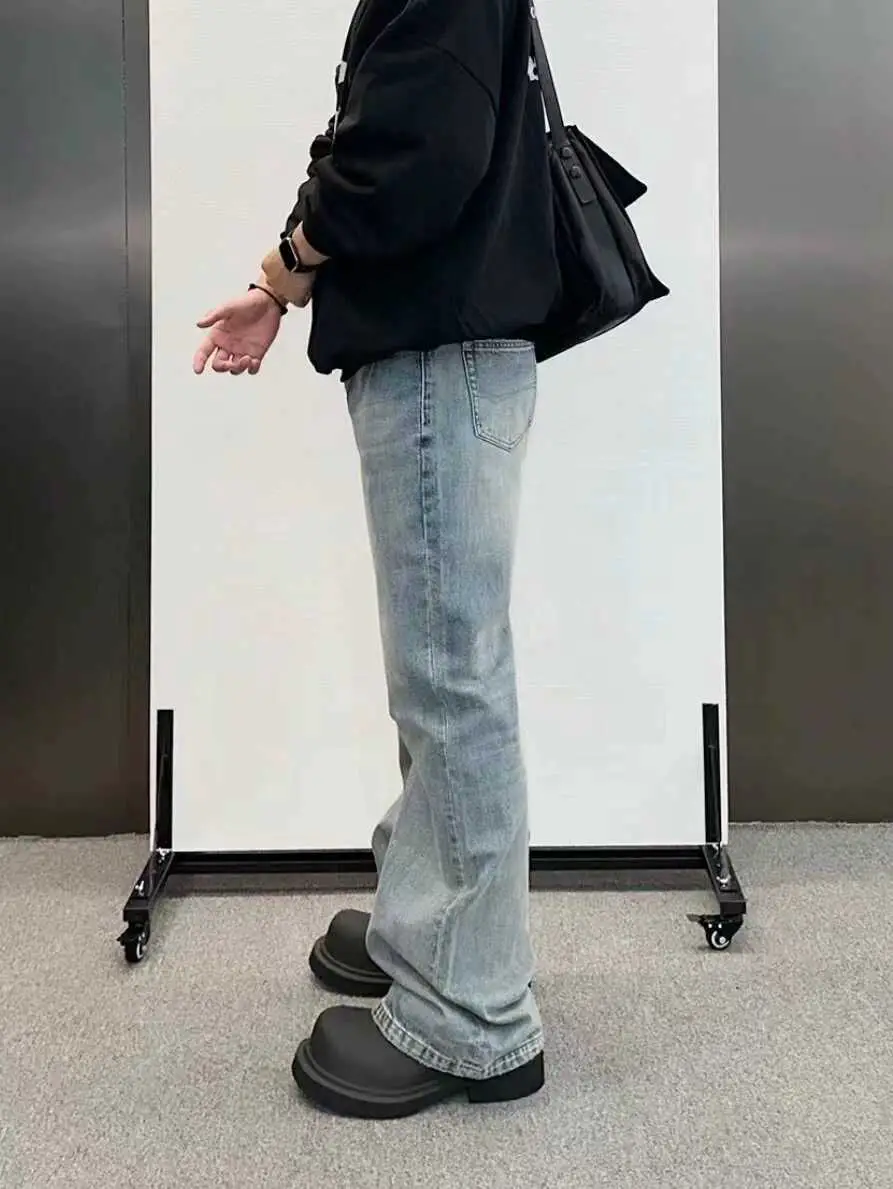 (Now) Import Fabric # 24 Flared Washed Distressed Blue Cow Micro-Flare Denim Men pants
