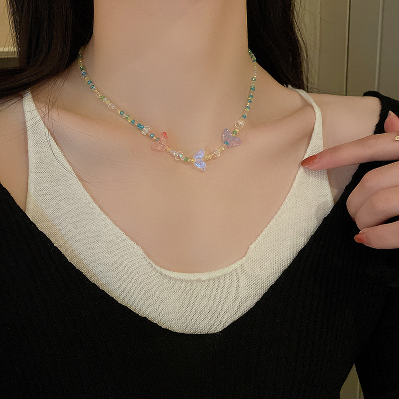 Colorful Beaded Acrylic Butterfly Necklace Wholesale Korean Ins Niche Design Versatile Fresh Style Jewelry for Women