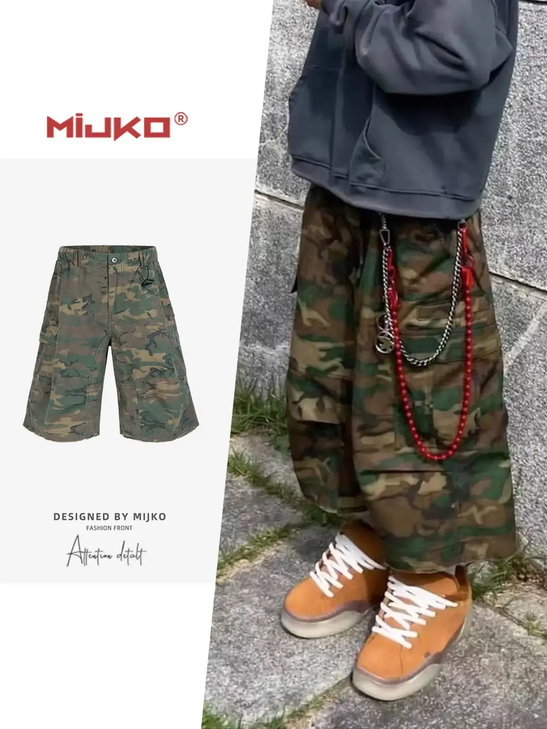 MIJKO男装女迷彩工装七分裤男女同款宽松猫须裤脚中性短裤多码潮